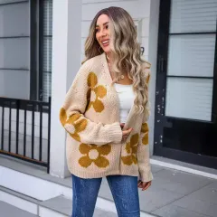Women's Cardigan Flower Plus Size Sweater - Apricot - View 1