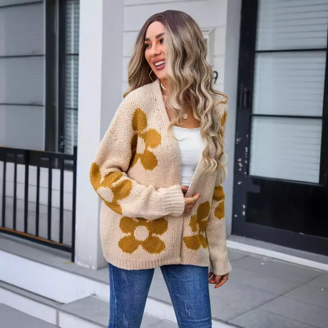 Women's Cardigan Flower Plus Size Sweater Apricot - Shop at LoveMi