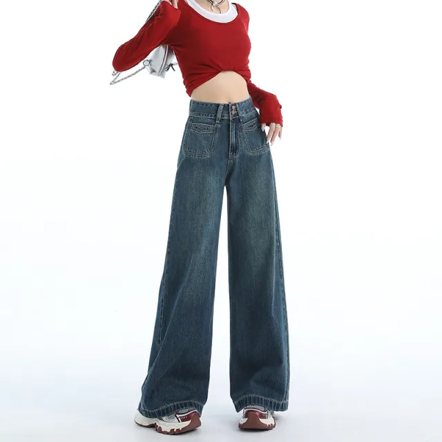 Women's American style Retro Loose Wide Jeans 71824 Dark Blue, Lengthened - Shop at LoveMi