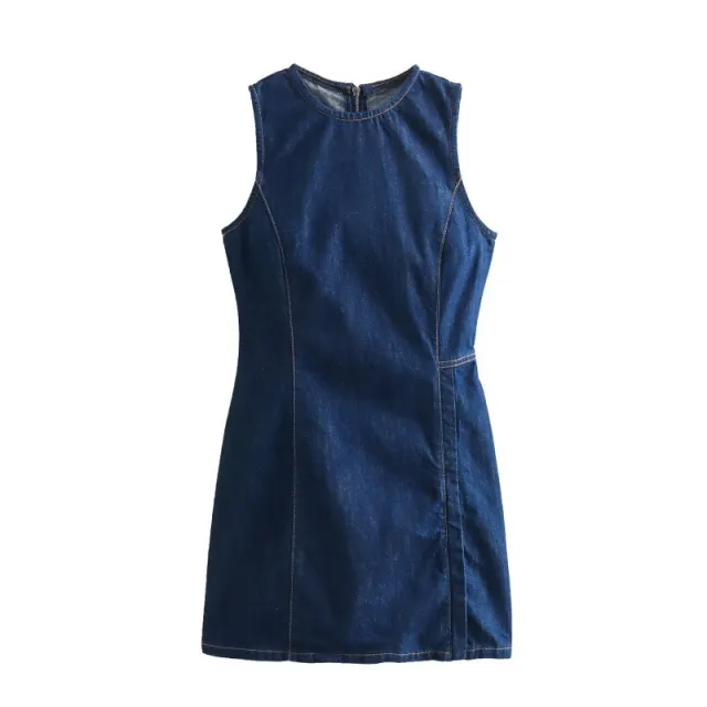 French Fashion Round Neck Slim Fit Denim Sleeveless Dress Blue - Shop at LoveMi