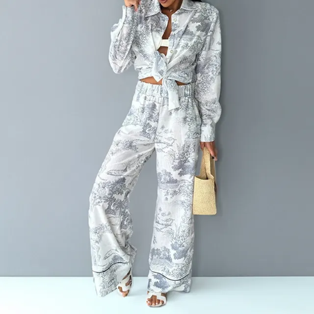 Women's Printed Shirt Long sleeved Wide leg Pants Gray Printing - Shop at LoveMi