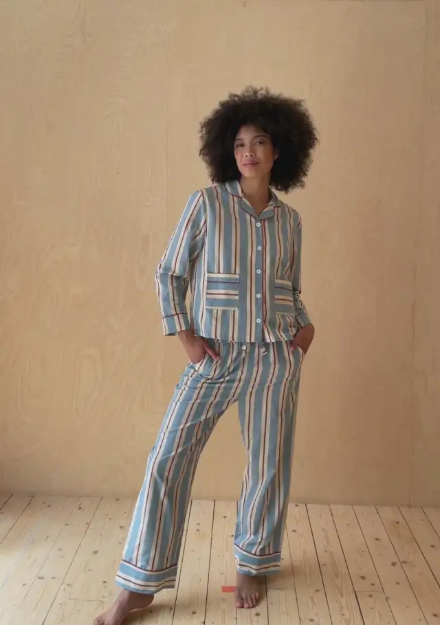 Women's Long sleeved Trousers Wide Striped Printed Casual Blue - Shop at LoveMi