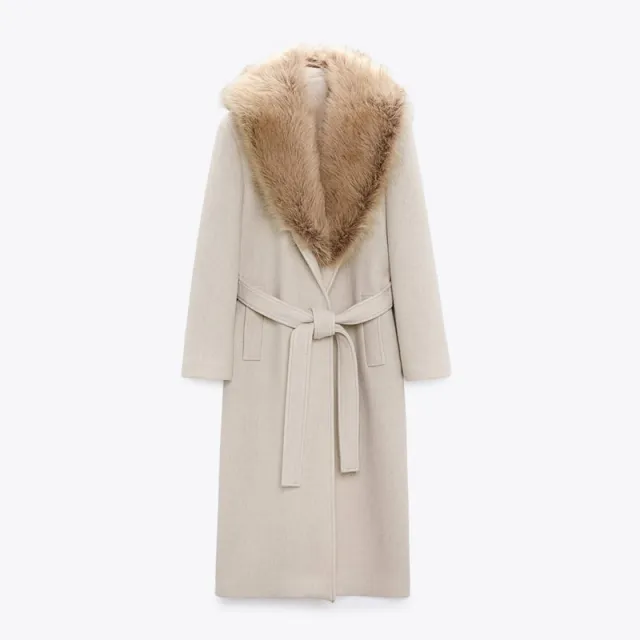 Fur Collar Long Woolen Coat Women Apricot - Shop at LoveMi