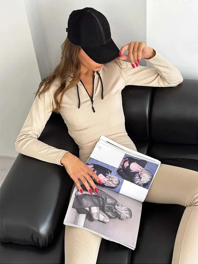 Women's Fashionable Knitted Shirt Cap Suit Apricot - Shop at LoveMi