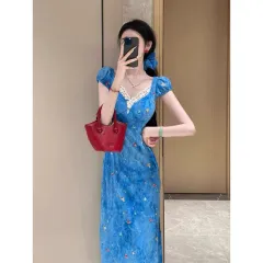 Women's Slim-fit Sheath V-neck Floral Dress - Blue - View 1