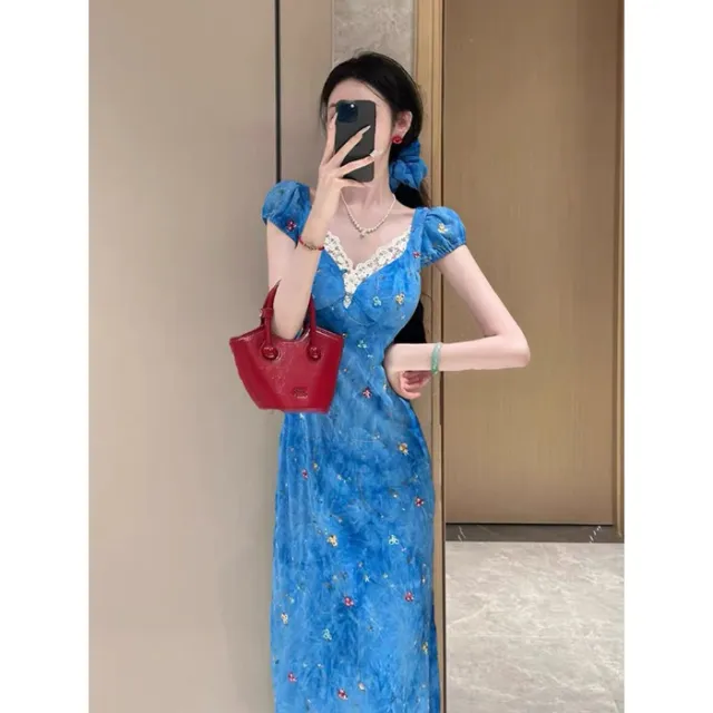 Women's Slim fit Sheath V neck Floral Dress Blue - Shop at LoveMi