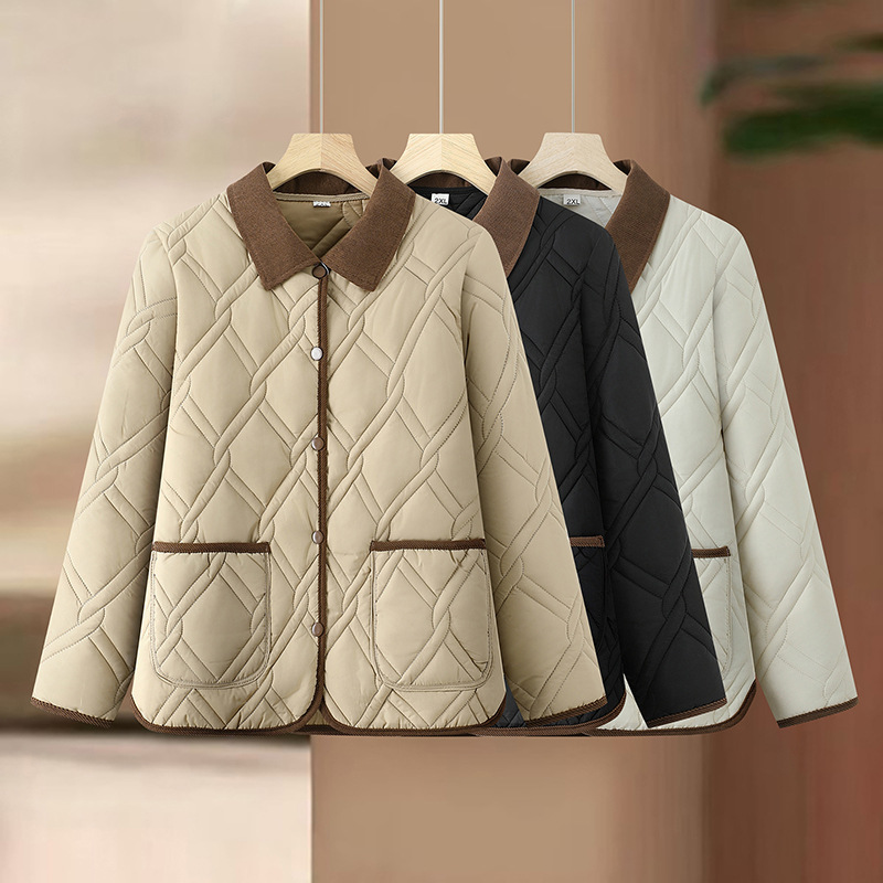 Notch-collar Diamond-quilted Fashion-forward Color-block Lightweight Short Cotton Jacket