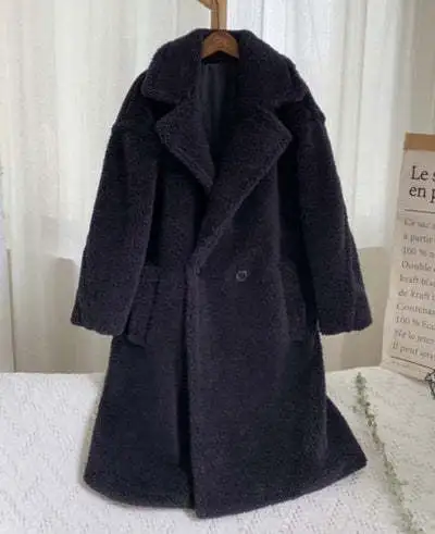 Lapel Lamb Fleece Coat With Pockets Faux Fur Coat Winter Warm Thickening Long Windbreaker Women's Clothing Black - Shop at LoveMi