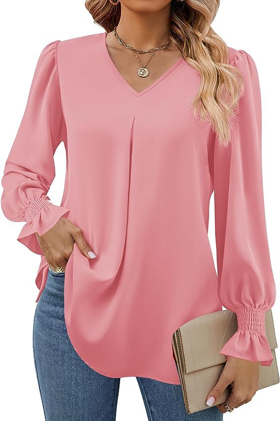 Women's Fashion Casual Solid Color Chiffon Shirt V-neck Long Sleeve Top - Image 3