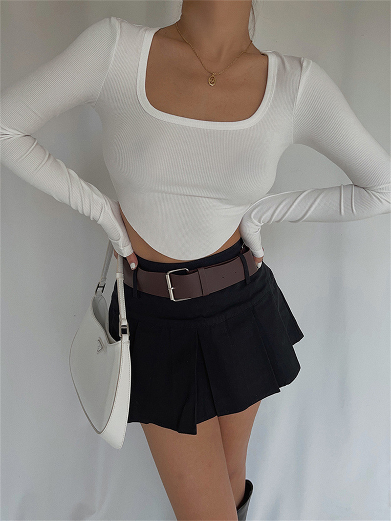 Women's Rib Knitted Cropped Top Square Collar Autumn Wrap Pullover White - Shop at LoveMi