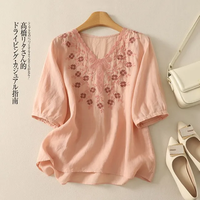Embroidered Women's Elegant Lace V neck Half Sleeves Pullover Shirt Pink - Shop at LoveMi