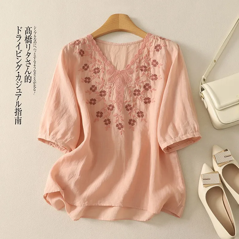 Embroidered Women's Elegant Lace V-neck Half Sleeves Pullover Shirt - Pink
