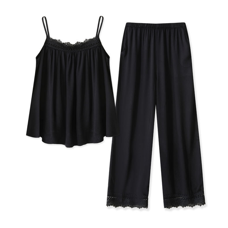 Rayon Satin Pure Desire Pajamas White Suit Lace Loose Comfortable Suspender Trousers Ivory Black - Shop at LoveMi