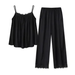 Rayon Satin Pure Desire Pyjamas White Suit Lace Loose Comfortable Suspender Trousers - Ivory Black - View 1
