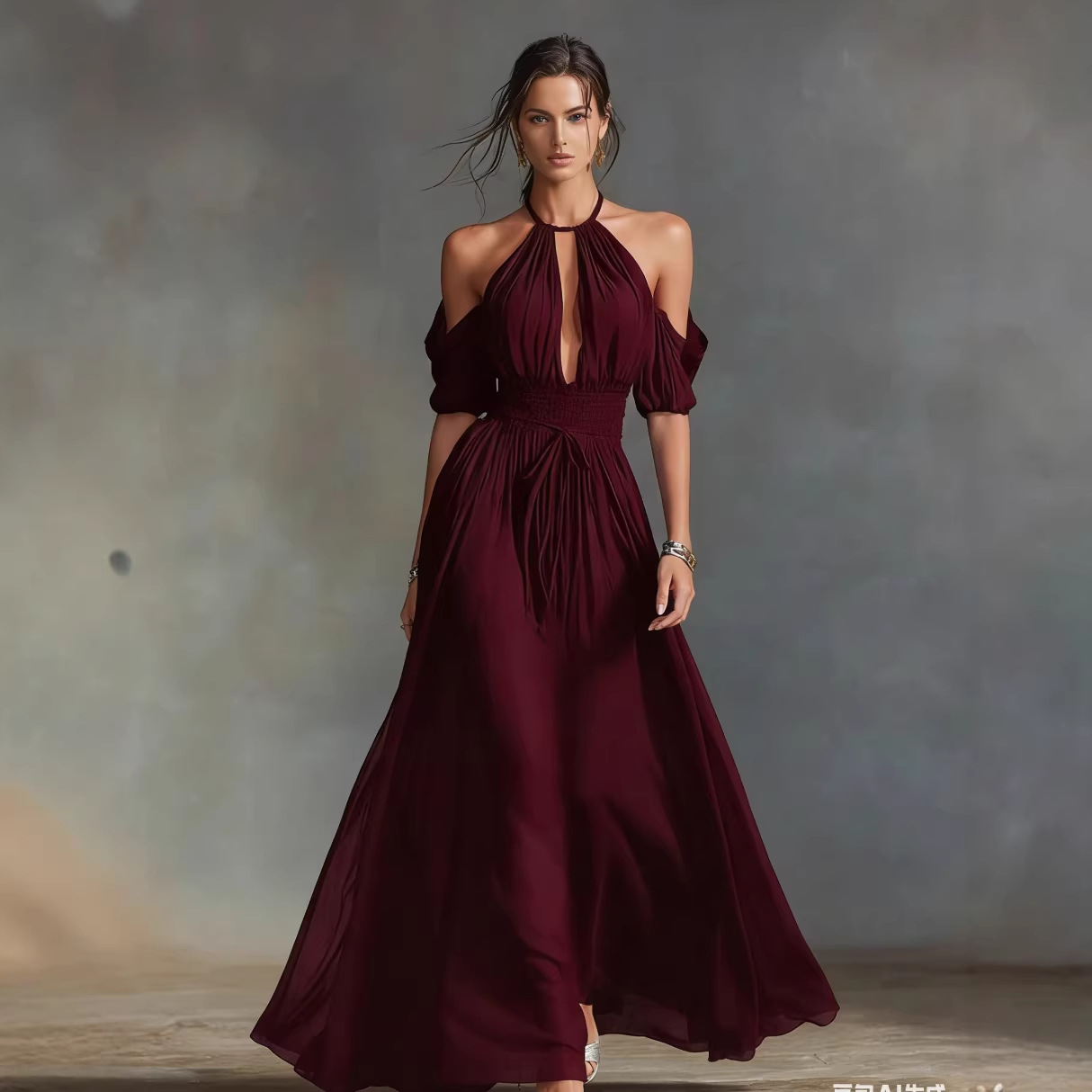 Solid-Color Halter Neck Midi Dress in Dark Red – bold statement evening style