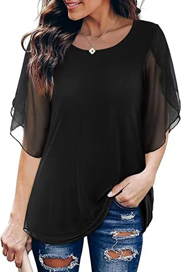 Pleated 34 Sleeve Chiffon Loose Flowy Top Black - Shop at LoveMi