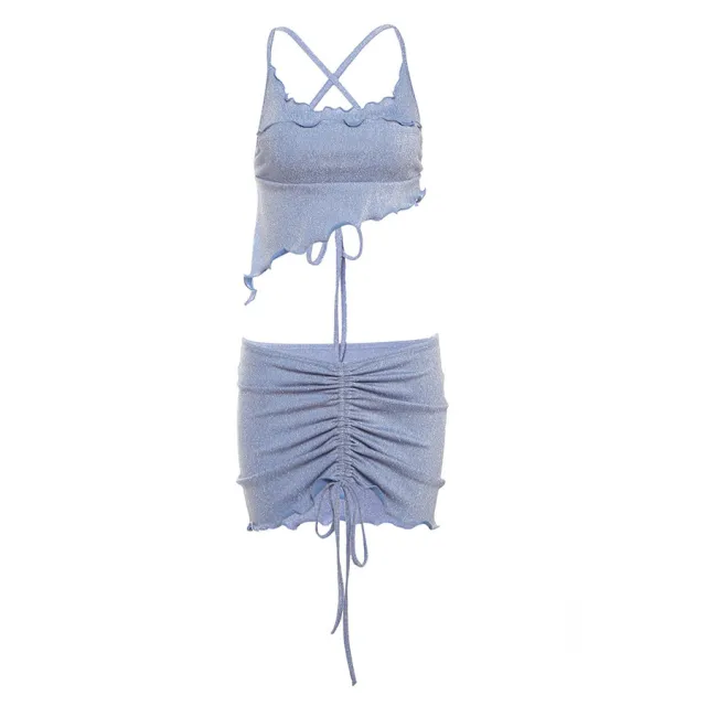 Women's Halter Backless Vest Low Waist Hip wrapped Skirt Suit Blue - Shop at LoveMi