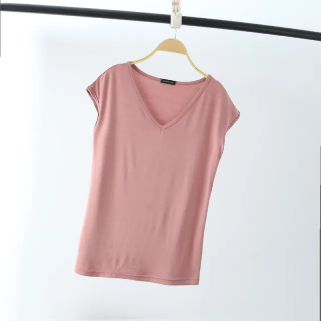 Solid Color And V neck Sleeveless Loose Women's T shirt Casual Bottoming Shirt Inner Wear Blouse Pink Color - Shop at LoveMi