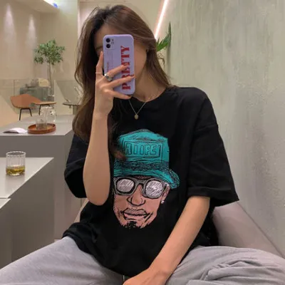 Summer Cartoon Round Neck Short Sleeve Women Black - Shop at LoveMi