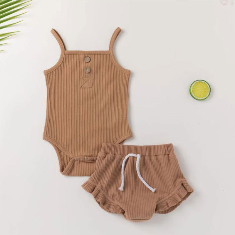 Summer Ins Baby Sleeveless Jumpsuit Triangle Drop Stripe Cotton Two Piece Set