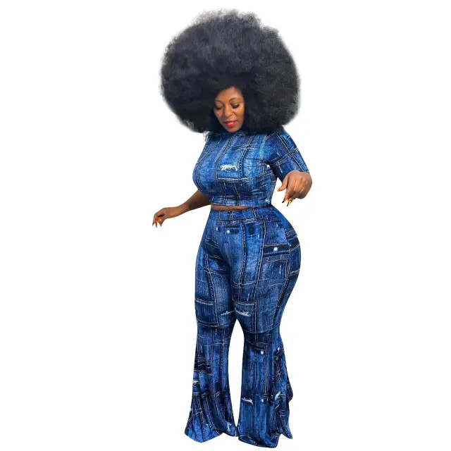 Women's Clothing Denim Printing Plus Size Two piece Suit Blue - Shop at LoveMi