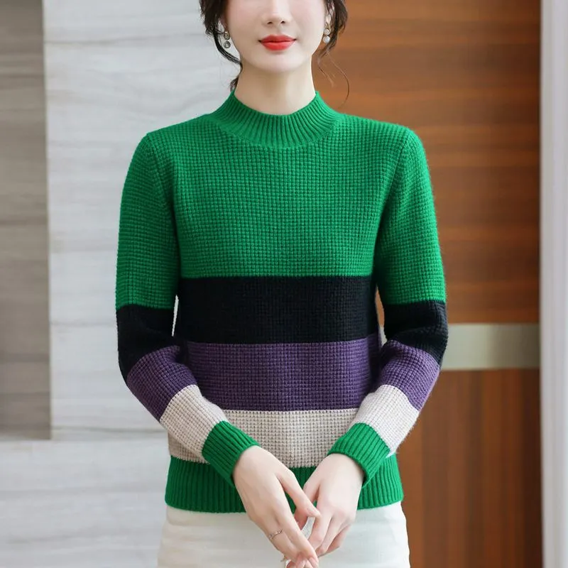 Women's Half Turtleneck Mixed Color Stripe Sweater Pullover - Emerald Green