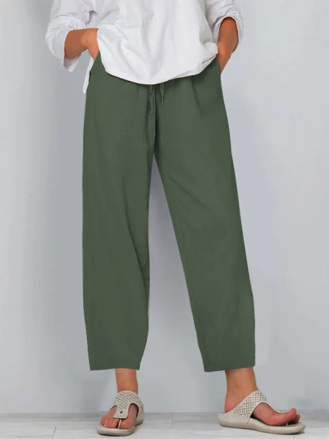 Elastic Waist Solid Color Cotton And Linen Wide Leg Casual Trousers Army Green - Shop at LoveMi