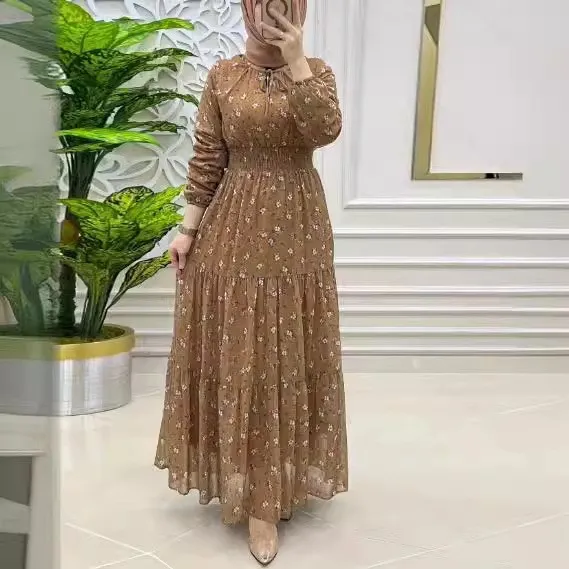 Women's Middle East Muslim Chiffon Flower Smocking Long Fashion Elegant Dress Camel - Shop at LoveMi