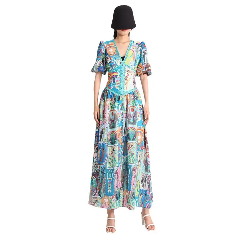 V-neck Puff Sleeve Waist-tight Mid-length Zipper Fly Printed Dress