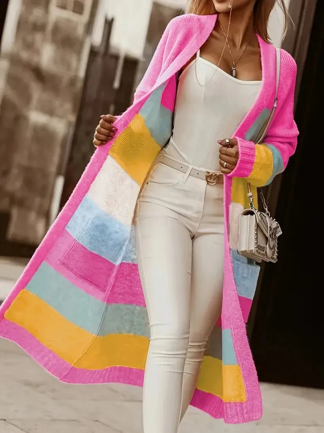 Contrast Color Rainbow Striped Casual Loose Sweater Pink - Shop at LoveMi