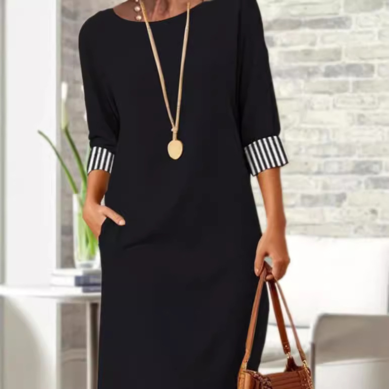 Round Neck 34 Sleeves Loose Dress