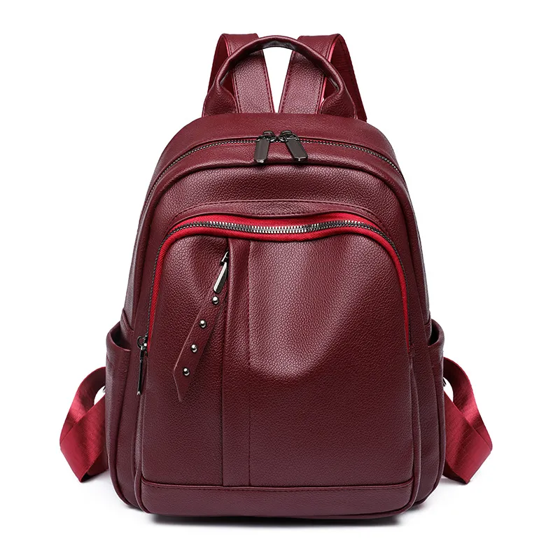 Light Luxury High-grade Backpack Women's Backpack PU Soft Leather Fashion Simple Waterproof Large Capacity Travel Bag - Red