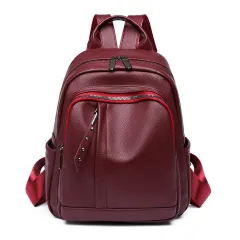 Light Luxury High-grade Backpack Women's Backpack PU Soft Leather Fashion Simple Waterproof Large Capacity Travel Bag - Red - View 1