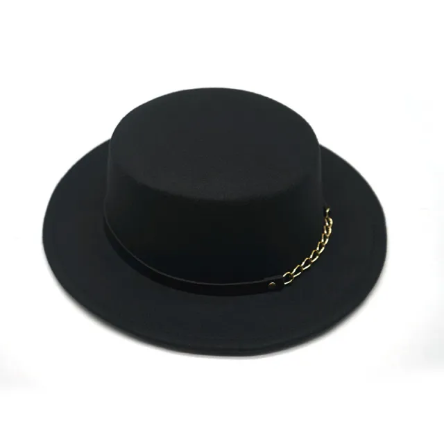 Men's And Women's Retro British Style Chain Solid Color Flat Top Hat Black - Shop at LoveMi