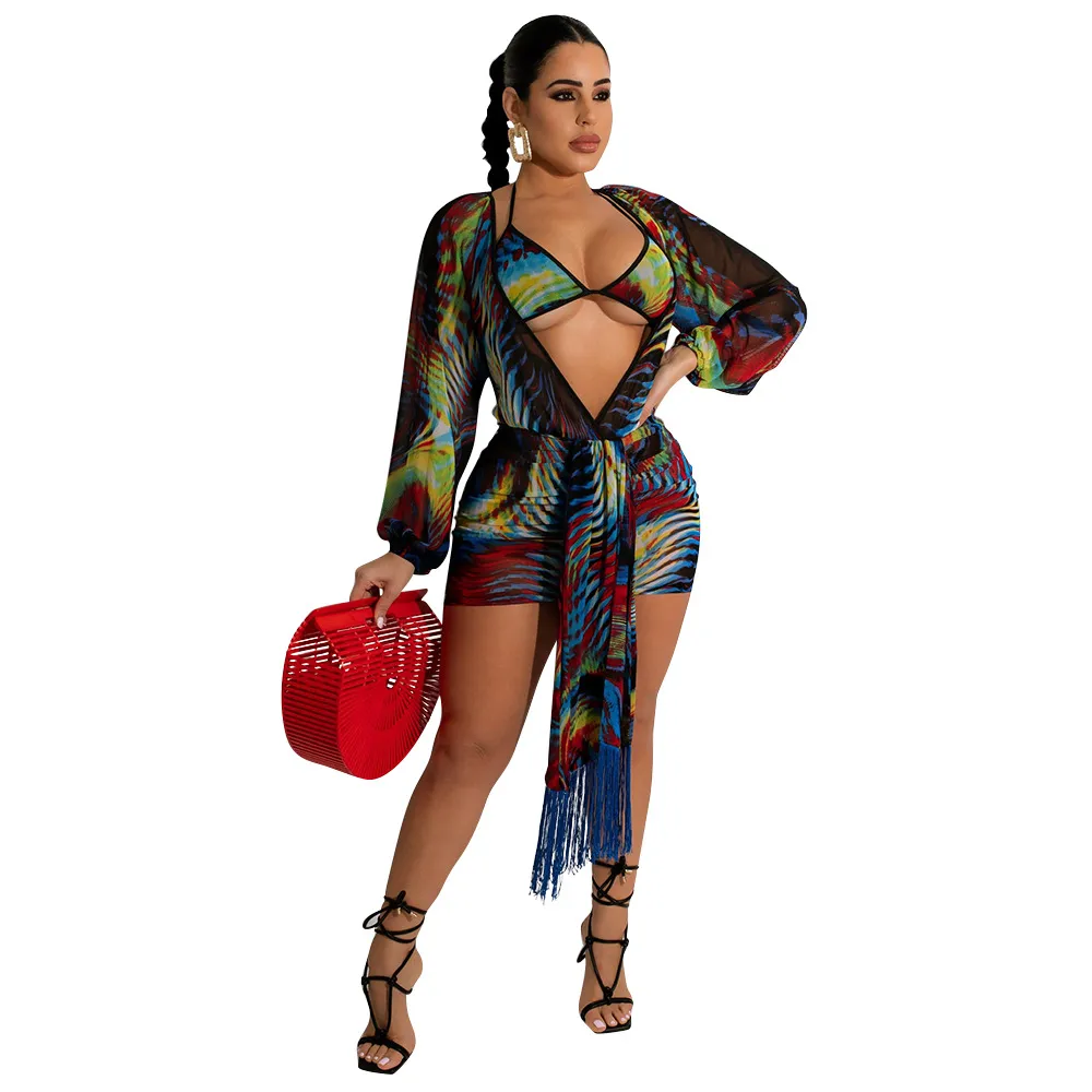 See-through Swimsuit Bikini Three-piece Suit - Blue