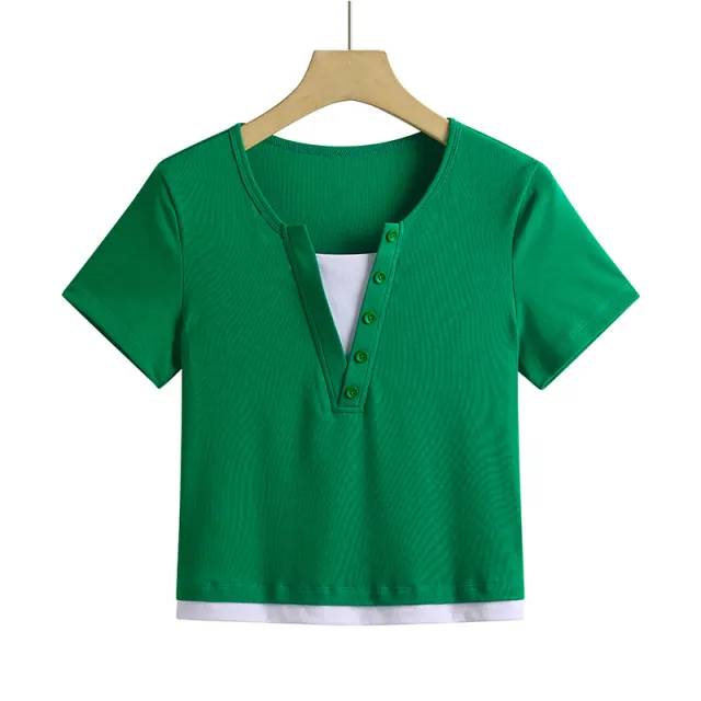 Contrast Slimming Cotton Comfortable Refined Younger Short Sleeve T shirt Green - Shop at LoveMi