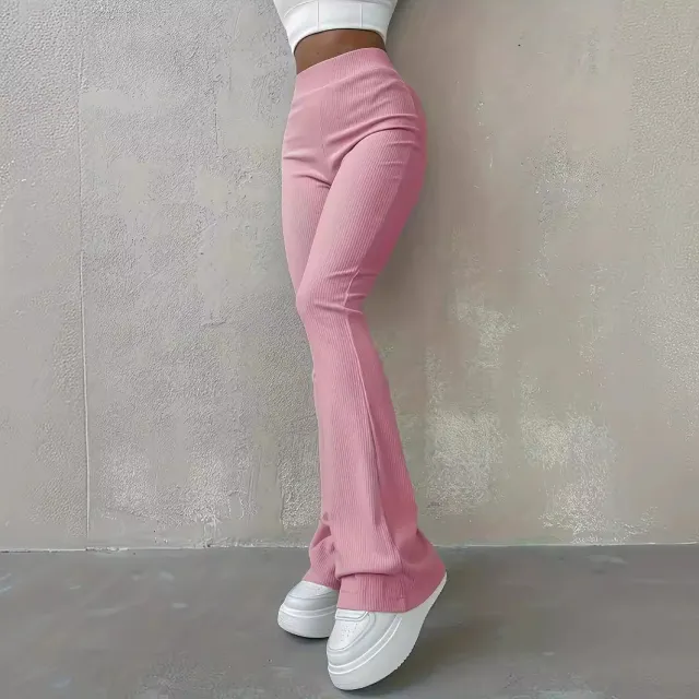 Casual Rib Simple Slim Fit Leggings Solid Color High Waist Fashion Trousers Pink - Shop at LoveMi