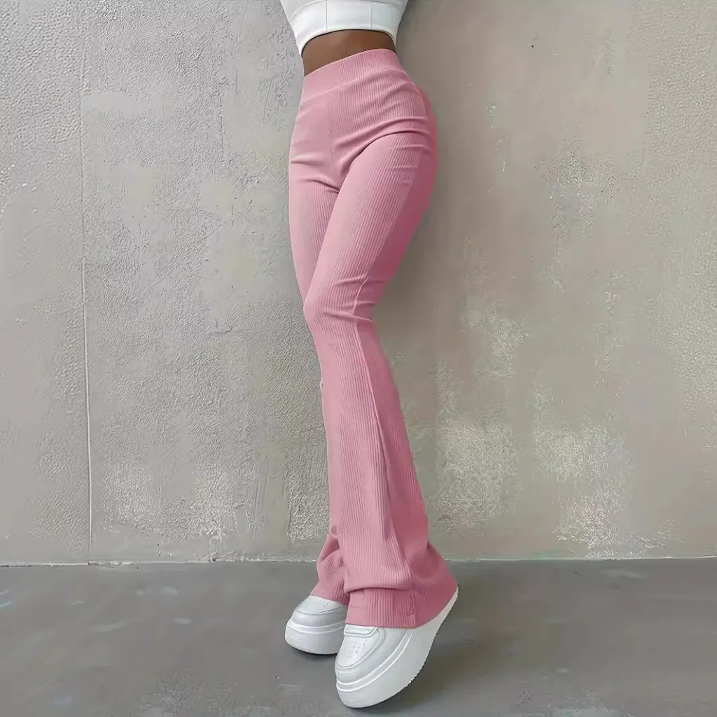 Casual Rib Simple Slim Fit Leggings Solid Color High Waist Fashion Trousers - Pink