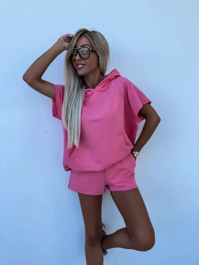 Casual, Relaxed fit Hoodie With A Hood And Pockets Paired With Elastic Waist Shorts Pink - Shop at LoveMi