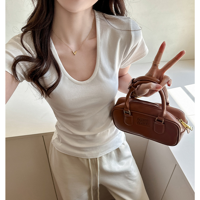 Deep U-neck, Straight Shoulder Short-sleeve Womens T-shirt