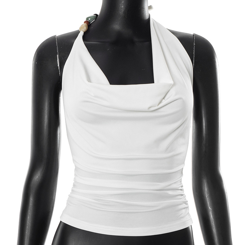 Pure Color Halter Lace up Vest T shirt Top White - Shop at LoveMi