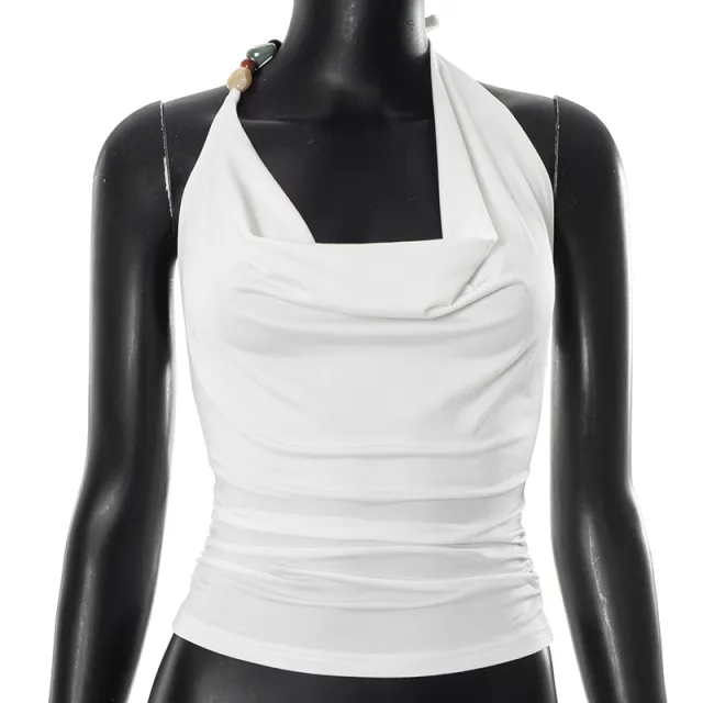 Pure Color Halter Lace up Vest T shirt Top White - Shop at LoveMi