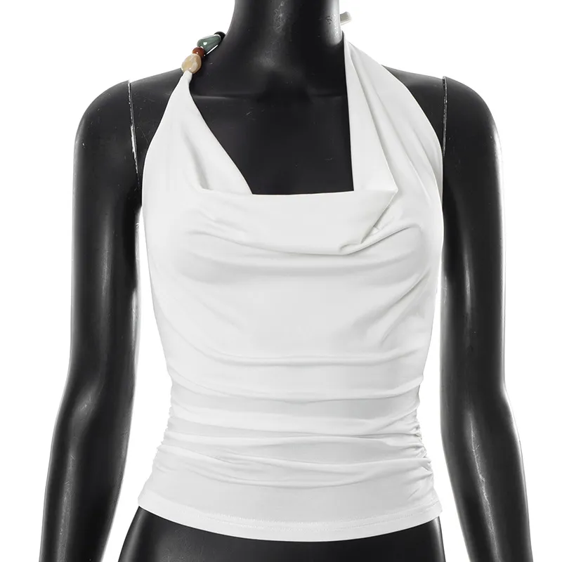 Pure Color Halter Lace-up Vest T-shirt Top - White