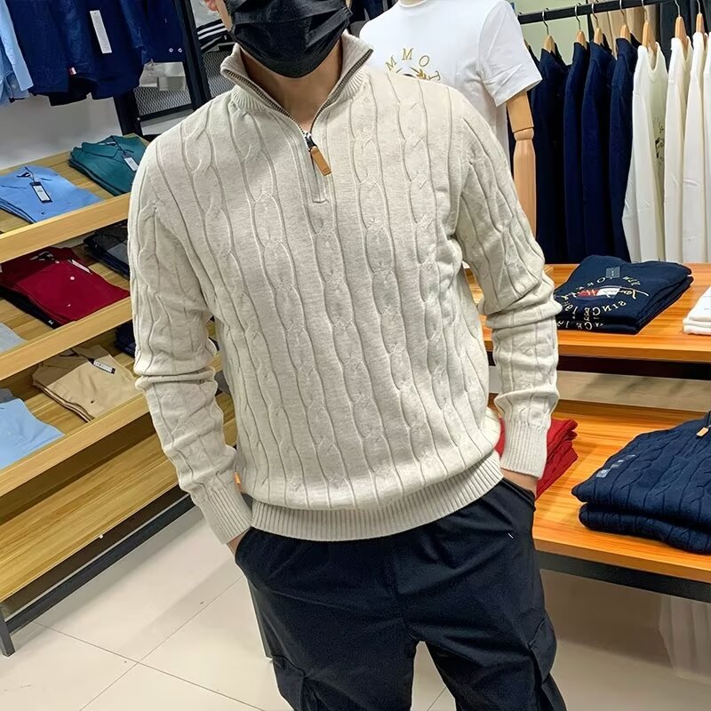 Mens Thermal Knit Top With Half Zip And Long Sleeves