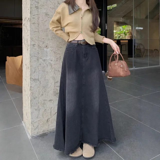 Spring And Autumn Korean Style High Waist Denim Midi Skirt Women's Retro Washed Frayed Edges Black - Shop at LoveMi