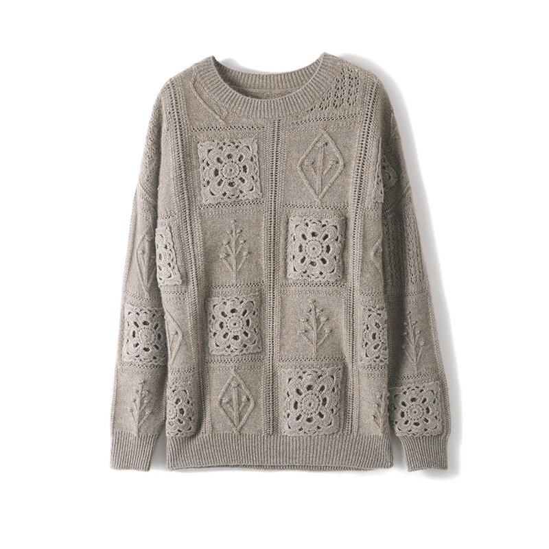 Womens Wool Crew-Neck Crochet Hollow-Out Sweater