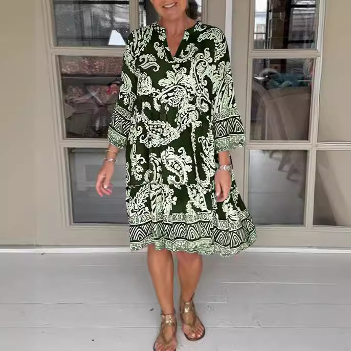 Women's Dress Printed V-neck Nine-quarter Sleeve Skirt
