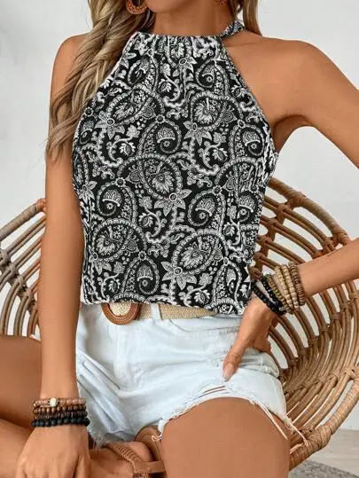 Women's Printed Ethnic Style Vest Top Black - Shop at LoveMi