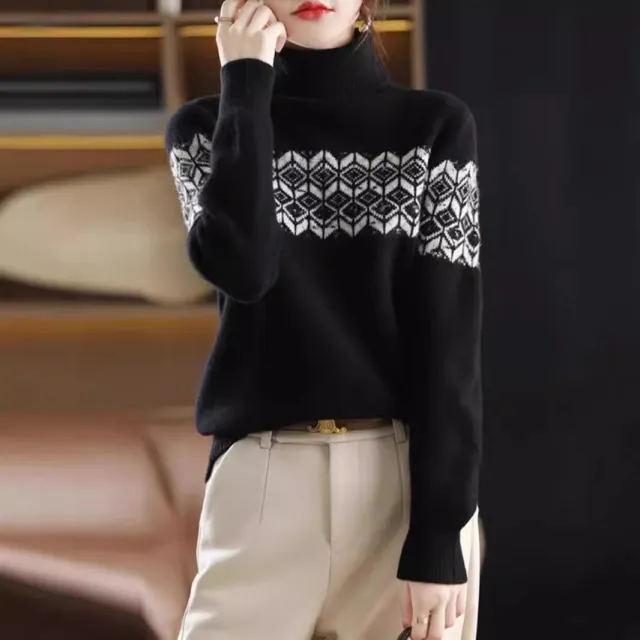 Winter New Retro Jacquard Wool High Collar Loose Thickened Jumper Black - Shop at LoveMi
