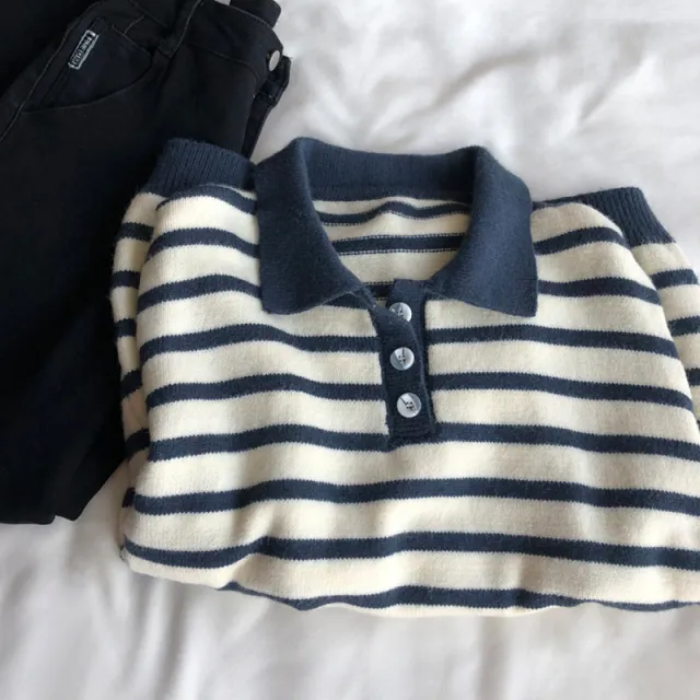 Women's Polo Polo Collar Stripes Sweater Long Sleeve Knitted Top Navy Blue - Shop at LoveMi